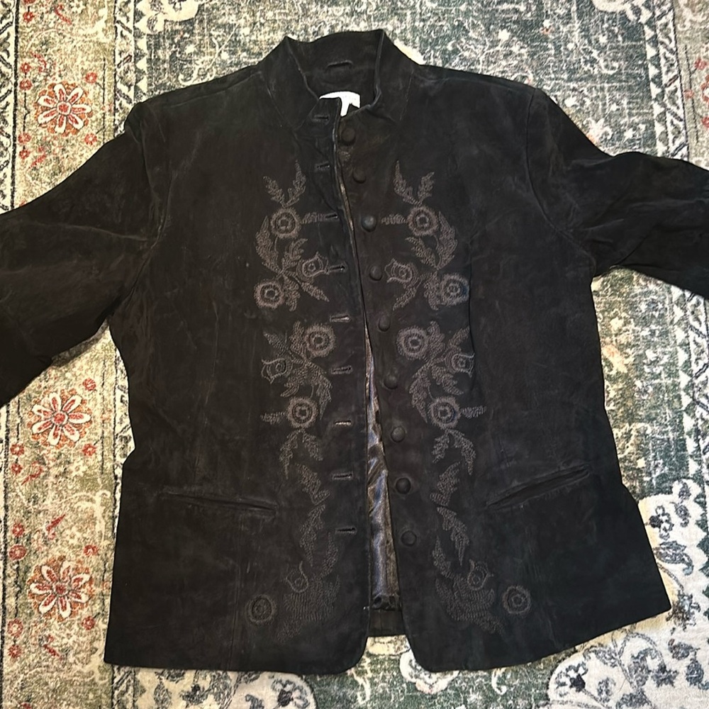 Genuine Leather Jacket Black with embroidered florals